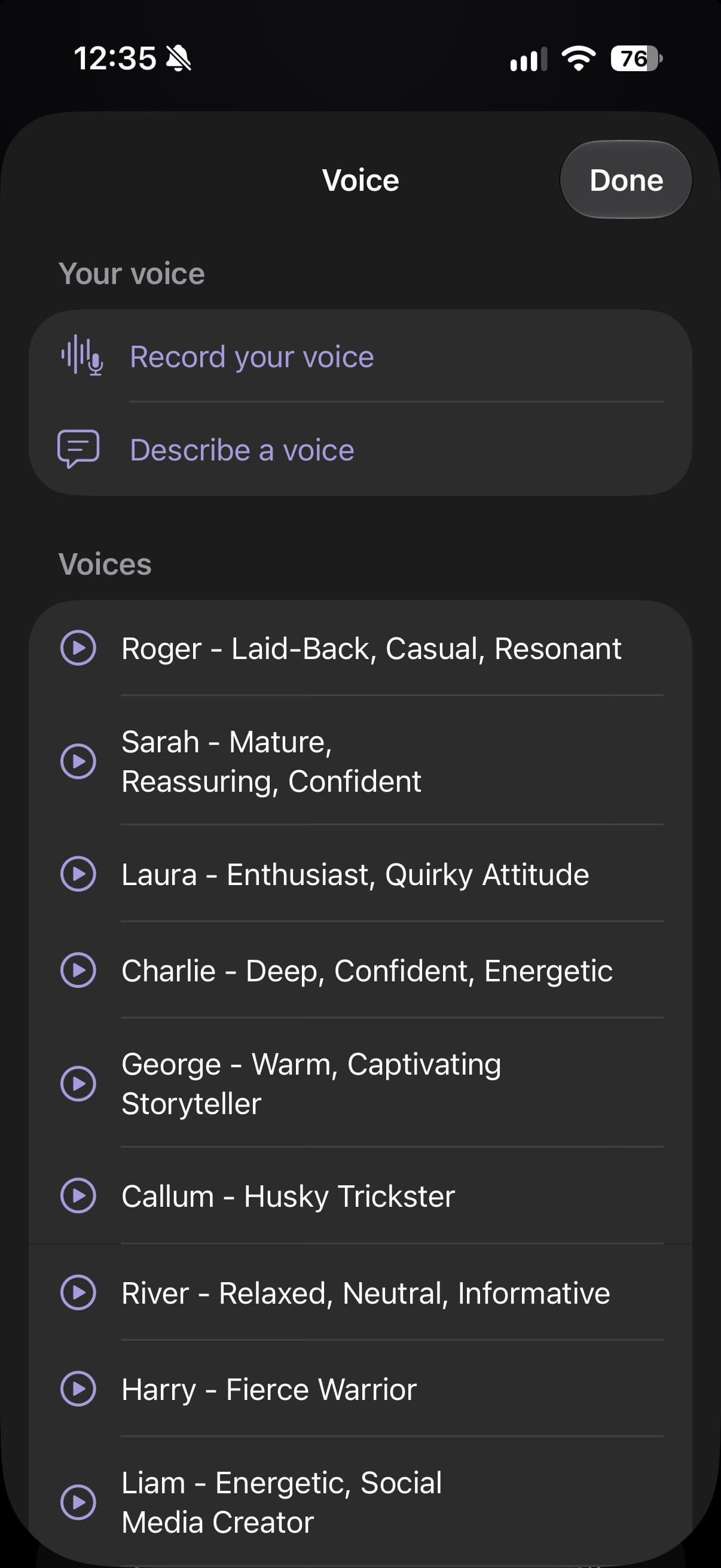 The voice sheet, offering to record your own voice or describe one, above a list of readers.