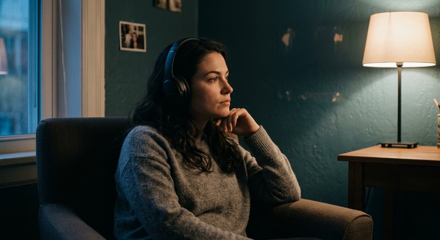 A woman sitting in an armchair in a dim room, wearing headphones, looking out of the window with a lamp lit beside her.